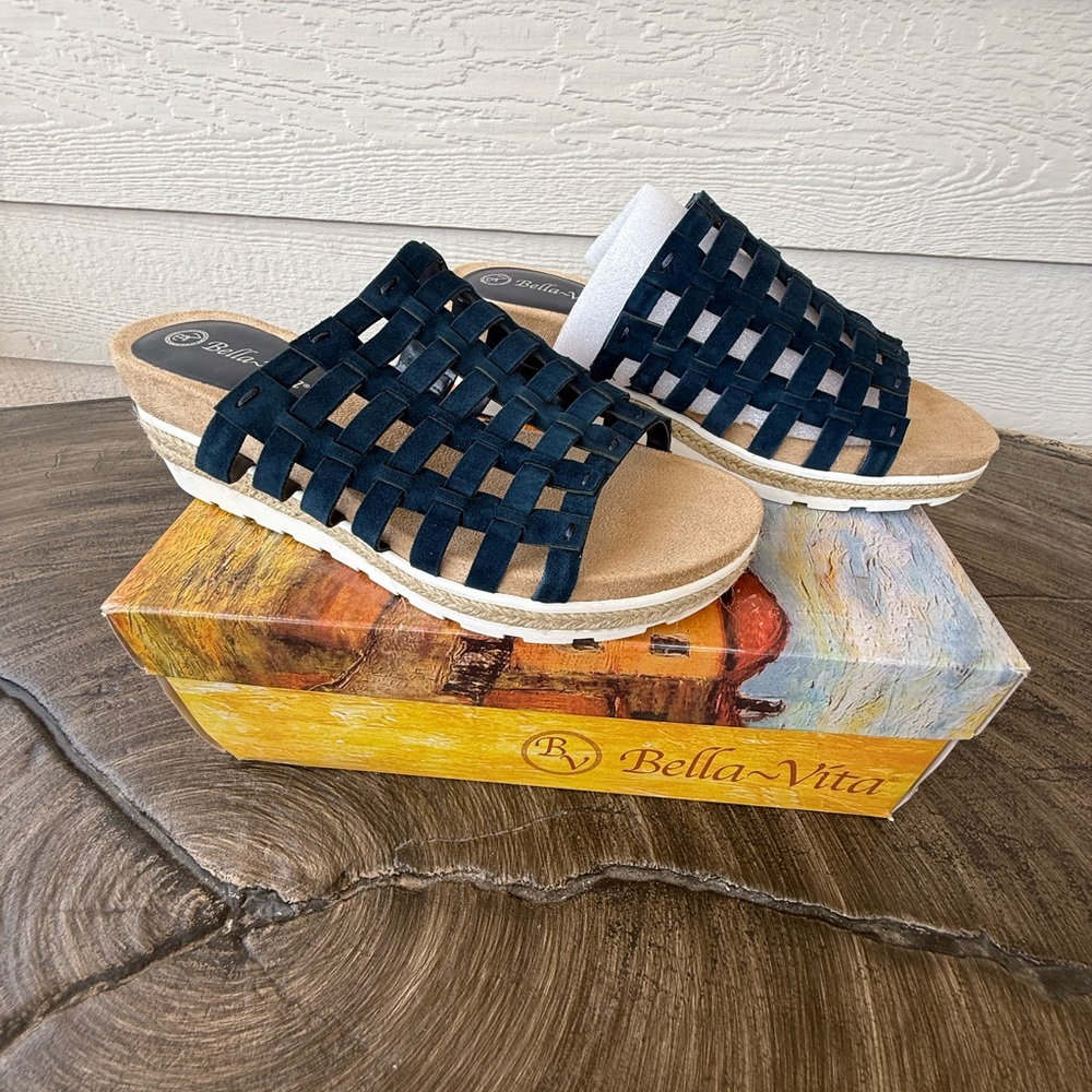 Bella Vita Navy Woven Wedge Sandals Size 8.5W